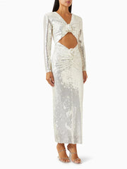 New Sexy Long Sleeves Luxury Sequins Slim Dress Hollow Flower Christmas Party Dresses-L