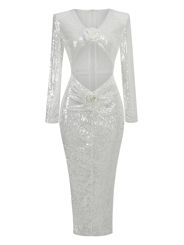 New Sexy Long Sleeves Luxury Sequins Slim Dress Hollow Flower Christmas Party White / S Dresses-L