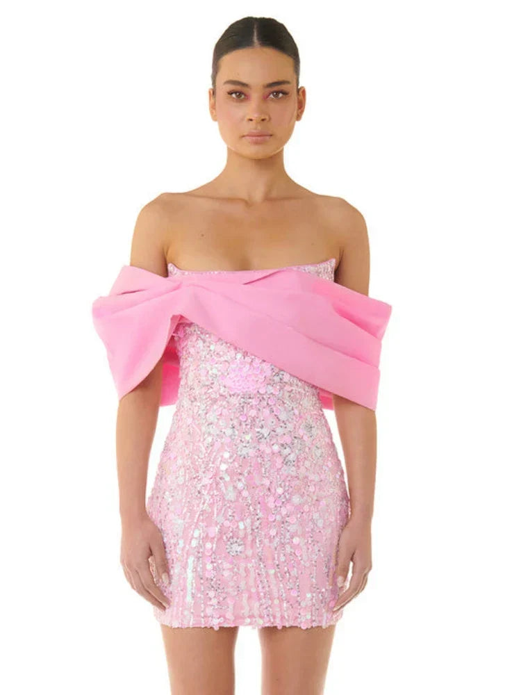 New Sexy Off Shoulder Sequins Pink Slash Neck Sparkly Elegant Christmas Party Dress Dresses-L