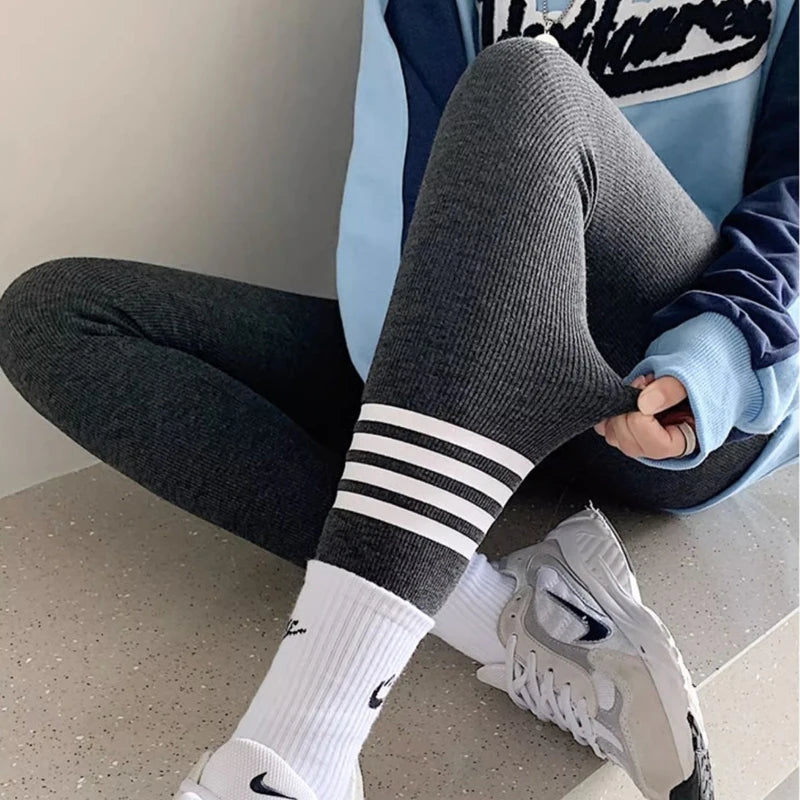 Winter Korean Fashion Striped Plush Thick Warm Comfortable High Waist Stretchy Leggings