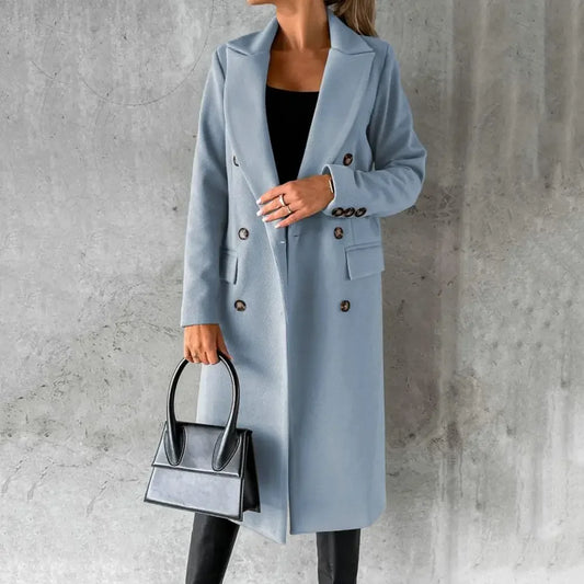 Slim Fit Double Breasted Solid Color Woolen Autumn Winter Long Women Coats