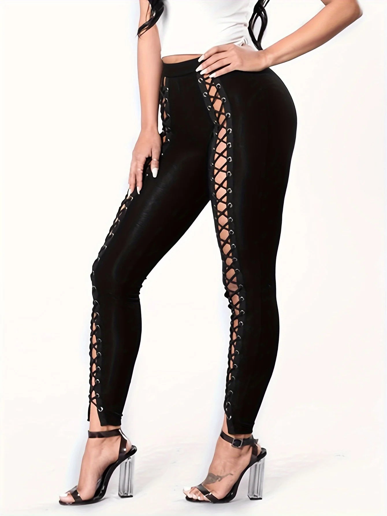 New Women's Patchwork Nine-point Front Lacing Straps Sexy Tight Black Leggings