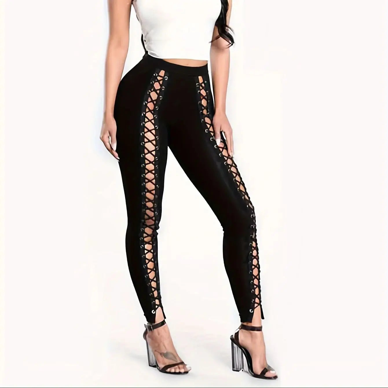 New Women's Patchwork Nine-point Front Lacing Straps Sexy Tight Black Leggings