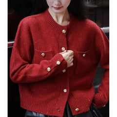 Solid Color Office Lady O-Neck Cardigan Cardigan-241208