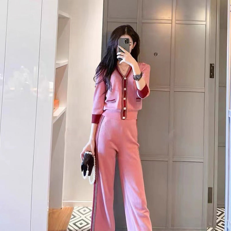 Casual Sporty Pink Knit Wide-Leg Pants Suit