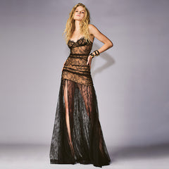 Black Pleated Lace Spaghetti Straps Sleeveless Maxi Evening Dresses Dress