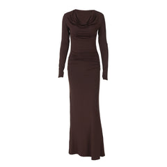 Swing Collar Long Sleeve Pleated Slim Sheath Dress