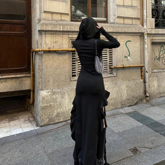 Popular Trend Ruffled Stitching Long Sleeve Hooded Irregular Asymmetric Dress