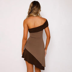 Diagonal Collar Contrast Color Sleeveless High Waist Dress