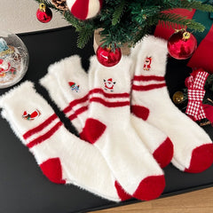 Thick Plush Embroidered Red Mid Calf Christmas Socks