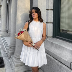 All Match White Elegant Dress round Neck Bow Lace up Elegant Loose Short