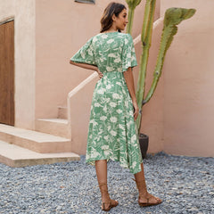 Printed V neck Short Sleeve Waist Controlled Dress Bohemian Holiday Party Beach Dress