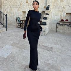 High Collar Long Sleeve Backless Slim Fit Maxi Dress Print Dress