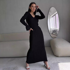 Long Sleeve V neck Tight Knitted Dress Solid Color Rib Fabric Wool Long  Dress