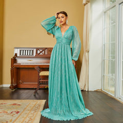 Long Sleeve Elegant V Neck Long Bohemian Large Swing Evening Dress Bridesmaid Dress