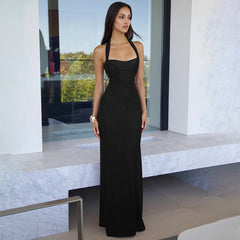 Halter Stitched Backless Slim Fit Sheath Dress