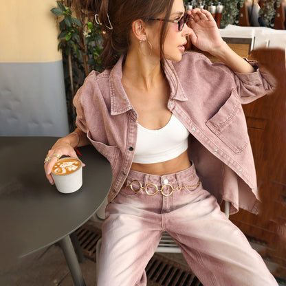 New Two-Piece Loose Denim Jacket High-Waist Pants Suit