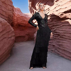 Long Sleeve Black Tassel Dinner Sequ Dress