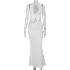 Halter Backless Deep V Plunge Top Sheath Dress Slim Fit Elegant Lady Suit