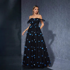 Black off Shoulder Dress Butterfly Embroidered Mesh Niche Cocktail Party Evening Dress