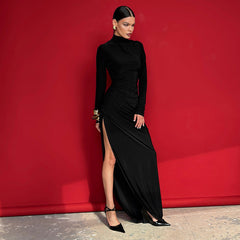 High Collar Slim Fit Long Sleeves High Slit Elegant Maxi Dress