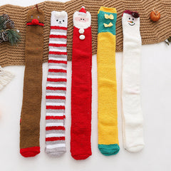 Plush Coral Fleece Cartoon Knee High Christmas Socks
