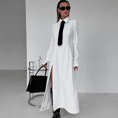 Early Elegant College Collared Long Sleeve Split Dress Tie Dress