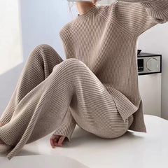 Elegant Casual Split Knit Sweater Wide-Leg Suit