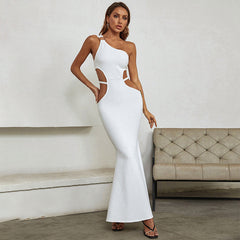 Wear Hair Oblique Shoulder Hollow Out Cutout White Long Evening Dress Cocktail Dress