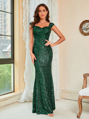 Sequined Elegant Green Suspenders Mid Waist Party Evening Dress Long Mop Dress