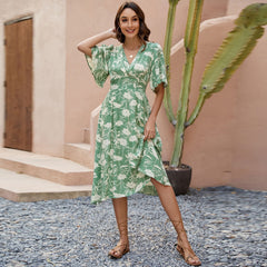 Printed V neck Short Sleeve Waist Controlled Dress Bohemian Holiday Party Beach Dress