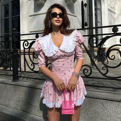 Peter Pan Collar Short Sleeve Floral Dress GracefulTight Waist Petti dress