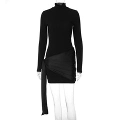 Short Long Sleeve Turtleneck Ribbon Slim Fit Sheath
