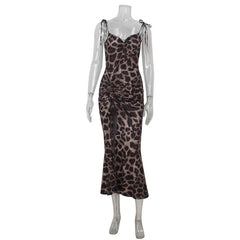 Leopard Print Printing Slip Dress High Waist Slit Sheath Dress