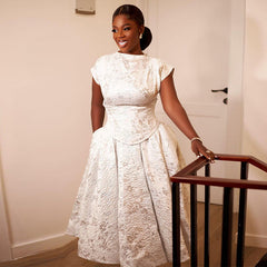 Elegant Advanced Printed Waist Controlled Short Sleeve A line Mid Length Dress