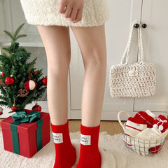 Embroidered Red Mid Calf Coral Fleece Cozy Christmas Socks
