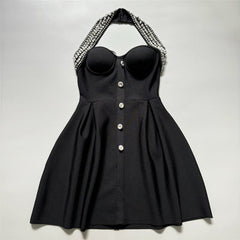 Diamond Button Halter Bandage One Piece Dress Ladies Party Cocktail Dress A Line Dress