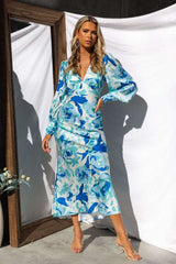 Fresh Stylish Printed Waist Controlled Long Sleeve V neck Dress