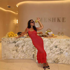 Hollow Out Cutout out Camisole Bohemian Beach Wooden Ear Knitted Sling Tiered Ruffle Maxi