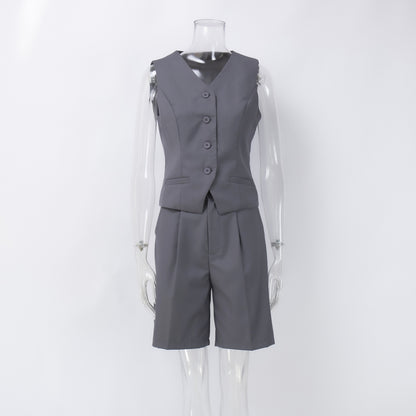 V-Neck Buttoned Vest Straight-Leg Shorts Suit