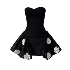 Ladies Graceful Tube Top Bandage Stitching Puffy dress Three Dimensional Floral Party Dress