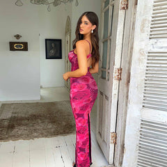 Slim Fit Backless Lace V neck Strap Printed