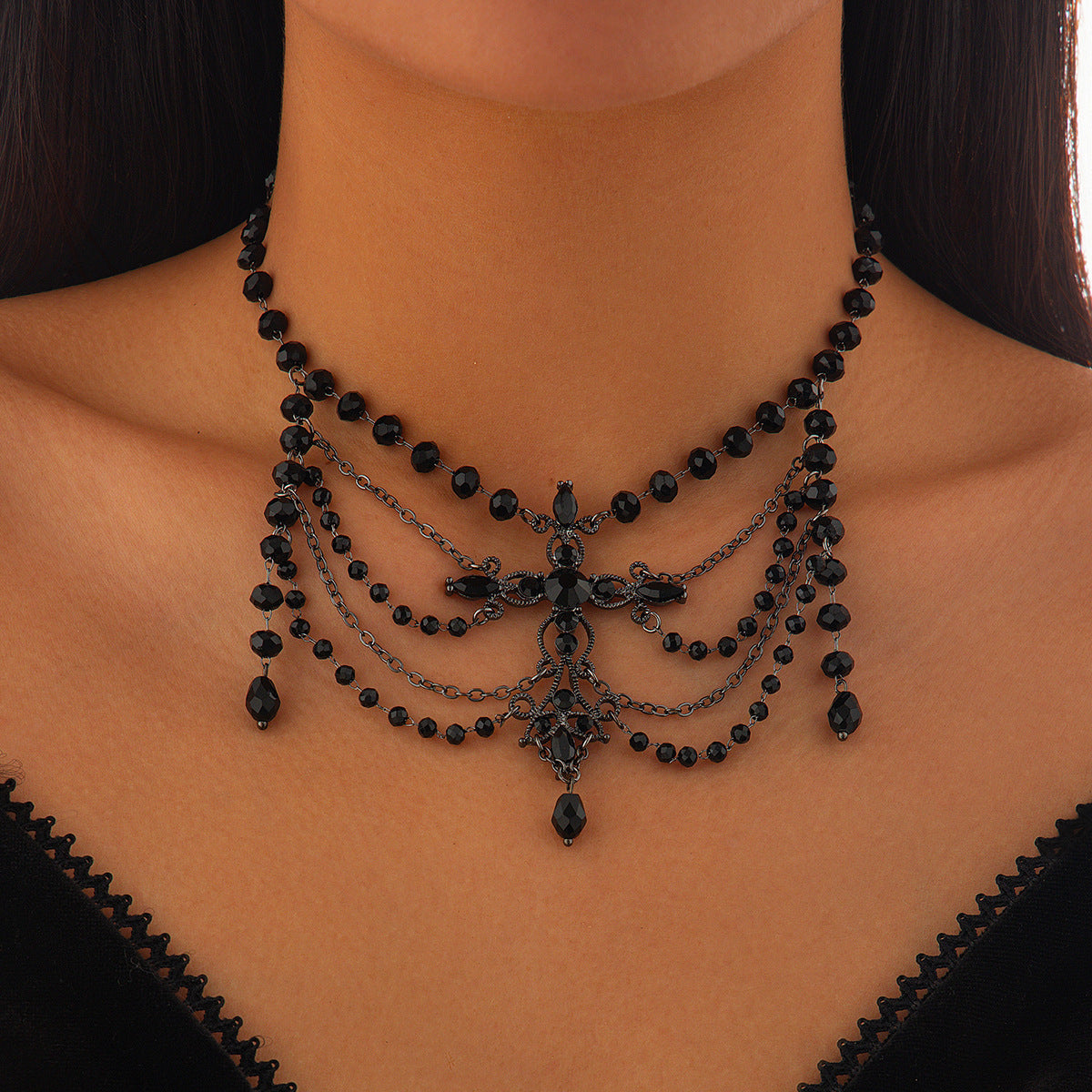 Halloween Punk Beaded Fringe Chain Handmade Imitation Gemstone Collarbone Necklace