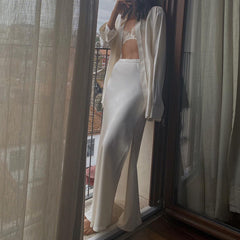 Satin Draping Mop Maxi Dress Side Slit High Waist Skirt