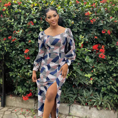 Blue Printed Plaid Simple Long Sleeve Slit Dress