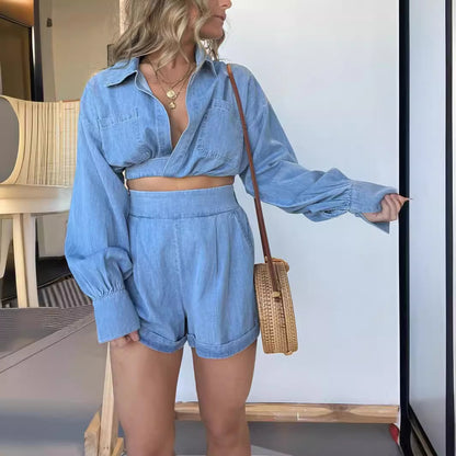 New Deep V Sexy Denim Long Sleeve Short Suit