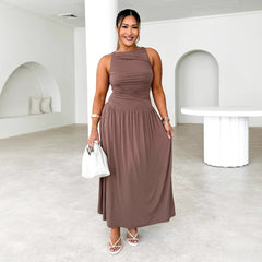 Trend Sleeveless Pleated Slim Fit Waist Controlled Dress Solid Color