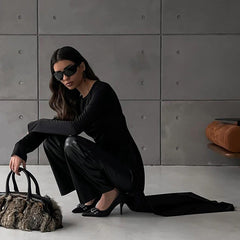 Irregular Asymmetric Slit Solid Color round Neck Long Sleeved