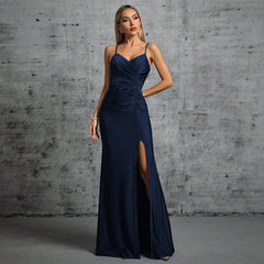 Sling Evening Dress Deep V Plunge neck Christmas Party High Slit Backless Evening Dress