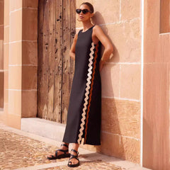 Casual Round Neck Vest Solid Color Lace Stitching Mid Length Dress